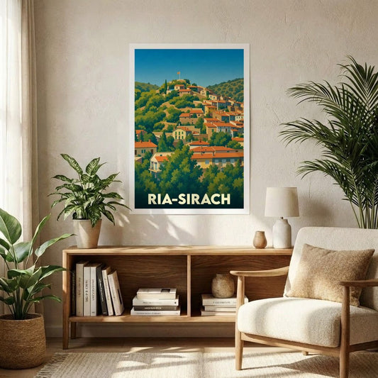 Affiche souvenir de la ville de Ria-Sirach présentant une illustration stylisée de ses maisons colorées à flanc de colline.