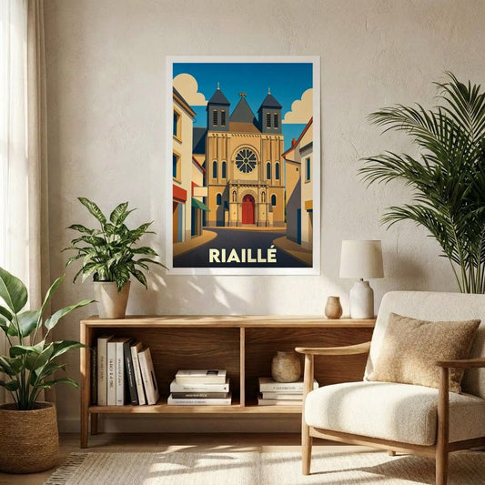 Affiche souvenir de la ville de Riaillé avec une illustration stylisée de son église et de ses rues.