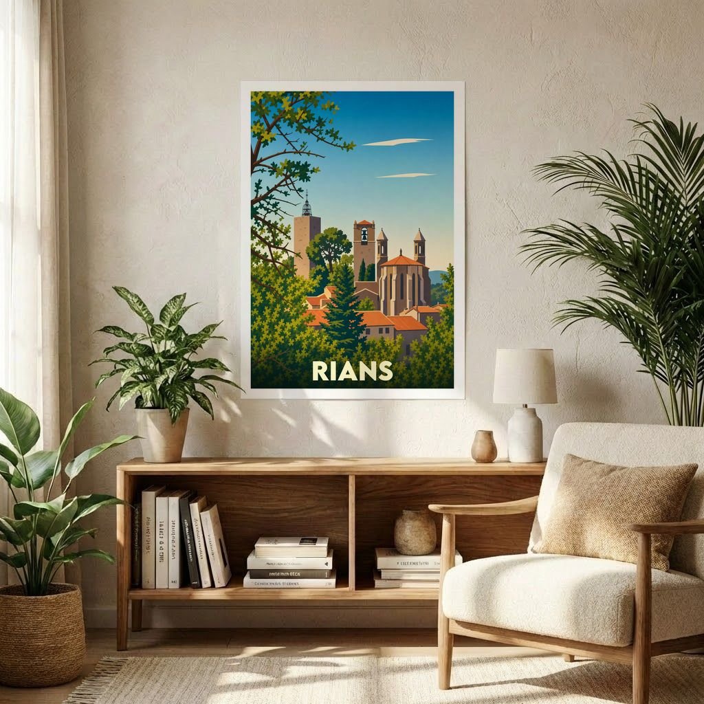 Affiche souvenir de la ville de Rians avec une illustration stylisée.