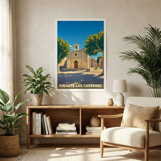 Affiche souvenir de la ville de Ribaute-les-Tavernes avec une illustration stylisée de son église ensoleillée.