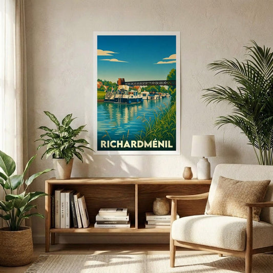 Affiche souvenir de la ville de Richardménil représentant des péniches sur un canal avec une illustration stylisée.