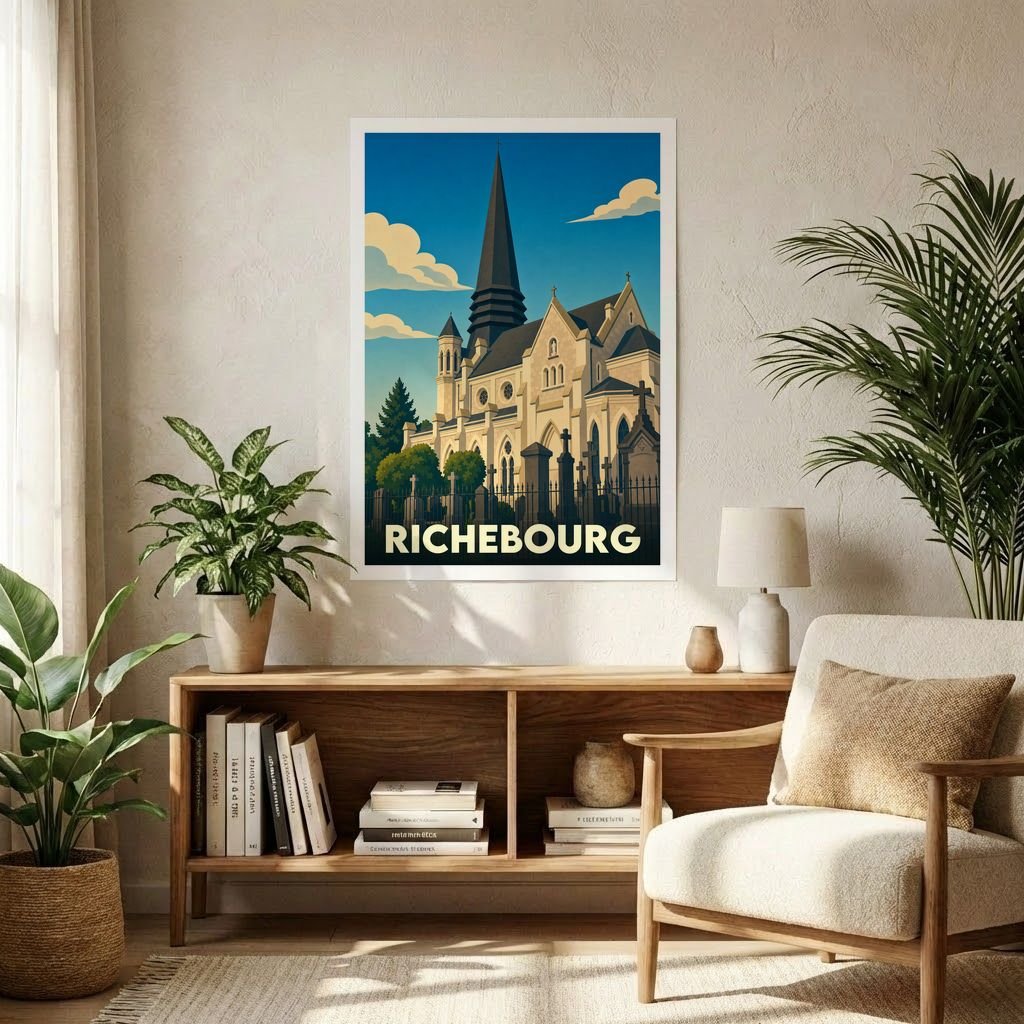 Affiche souvenir de la ville de Richebourg avec une illustration stylisée d'une église et de son clocher.