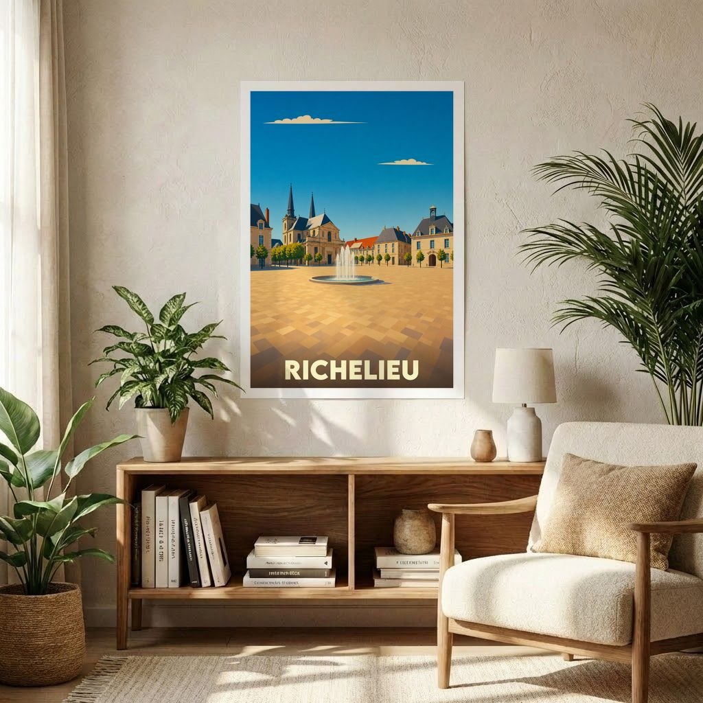 Affiche souvenir de la ville de Richelieu présentant une illustration stylisée de sa place principale avec une fontaine.