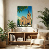 Affiche souvenir de la ville de Richemont avec une illustration stylisée de son église.