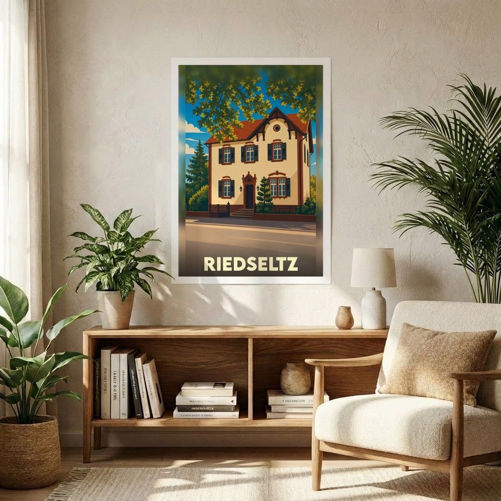 Affiche souvenir de la ville de Riedseltz avec une illustration stylisée d'une maison traditionnelle alsacienne.
