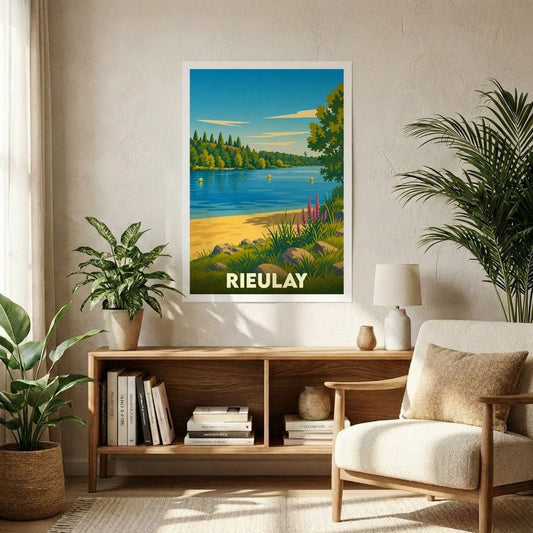 Affiche souvenir de la ville de Rieulay avec une illustration stylisée d'un lac bordé de végétation.