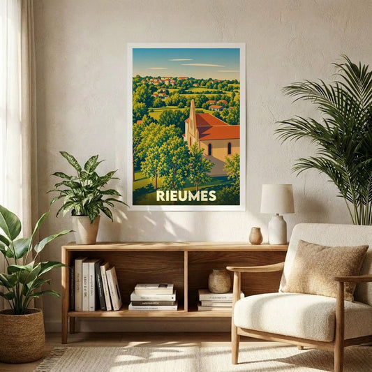 Affiche souvenir de la ville de Rieumes avec une illustration stylisée et colorée.