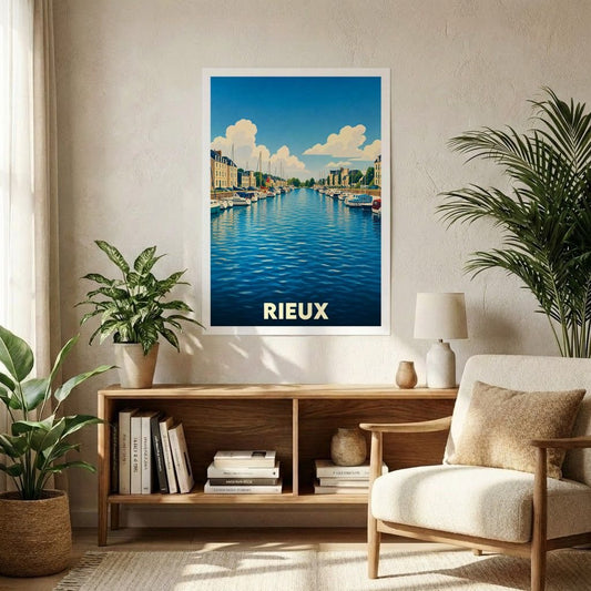 Affiche souvenir de la ville de Rieux représentant son port avec une illustration stylisée.