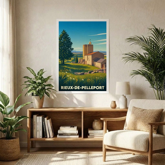Affiche souvenir de la ville de Rieux-de-Pelleport présentant une illustration stylisée d'un paysage historique champêtre.