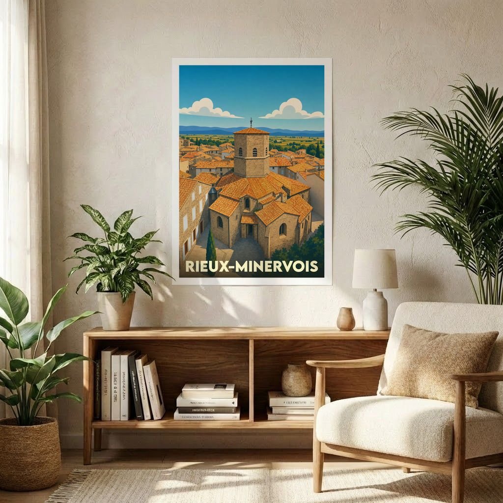 Affiche souvenir de la ville de Rieux-Minervois illustrant son église romane circulaire dans un style vintage coloré.
