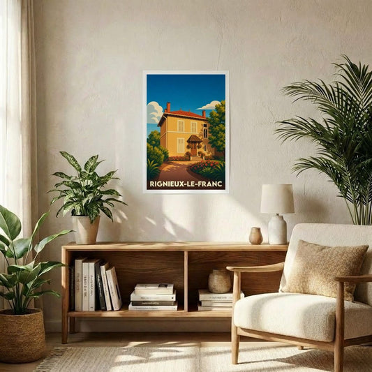 Affiche souvenir de la ville de Rignieux-le-Franc avec une illustration stylisée d'une maison de campagne.