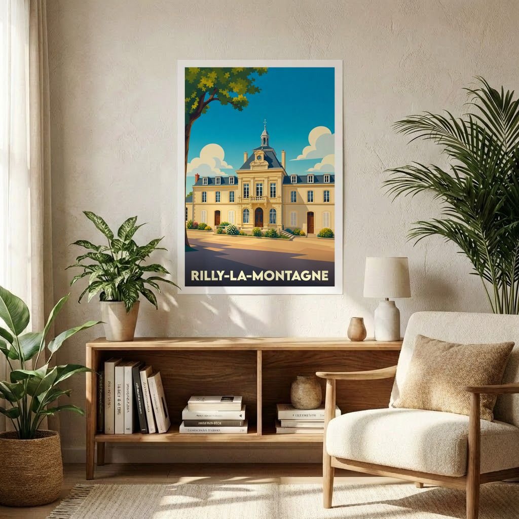 Affiche souvenir de la ville de Rilly-la-Montagne illustrant son hôtel de ville dans un style vintage coloré.