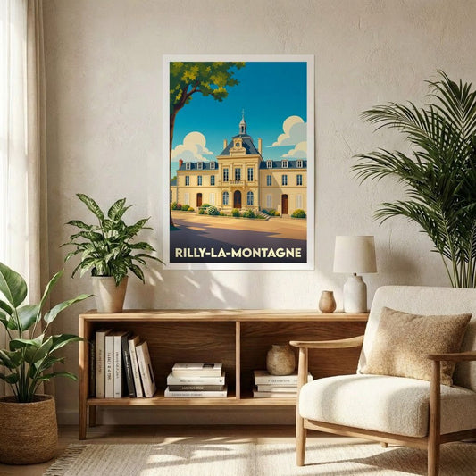 Affiche souvenir de la ville de Rilly-la-Montagne illustrant son hôtel de ville dans un style vintage coloré.