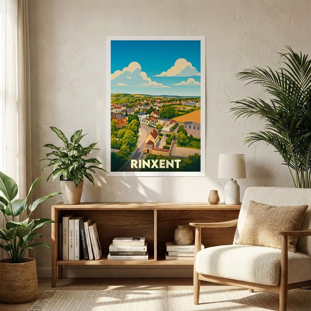 Affiche souvenir de la ville de Rinxent avec une illustration panoramique et stylisée.