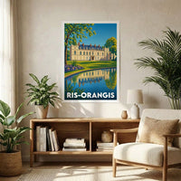 Affiche souvenir de la ville de Ris-Orangis représentant une illustration stylisée d'un château se reflétant dans l'eau.