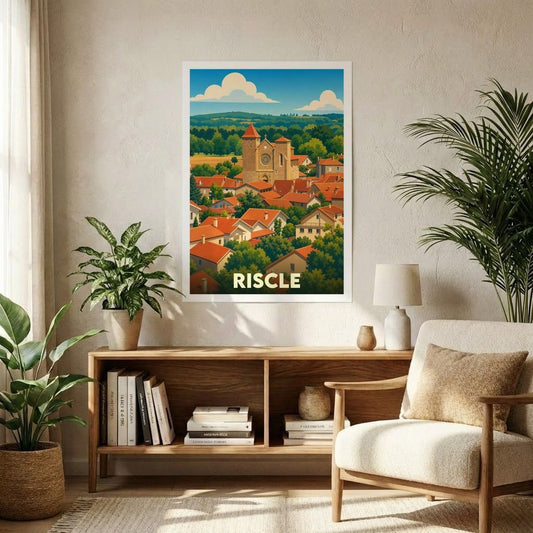 Affiche souvenir de la ville de Riscle avec une illustration stylisée et colorée de ses toits et de son église.