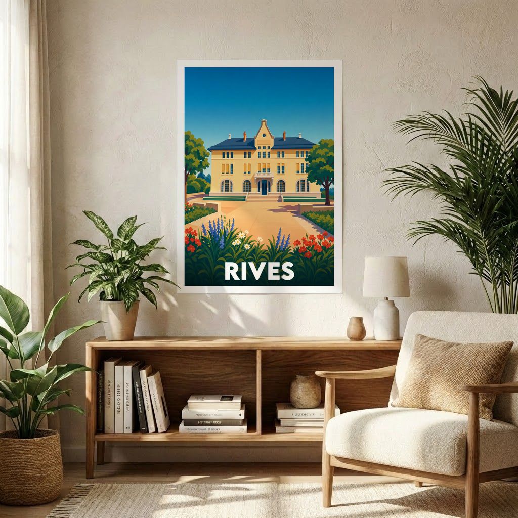 Affiche souvenir de la ville de Rives avec une illustration stylisée d'un bâtiment historique et de jardins.