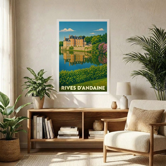 Affiche souvenir de la ville de Rives d'Andaine illustrant un château se reflétant sur l'eau.
