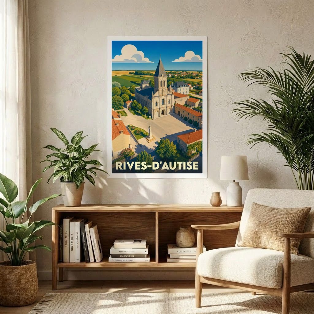 Affiche souvenir de la ville de Rives-d'Autise avec une illustration stylisée d'une église et de ses environs sous un ciel bleu.