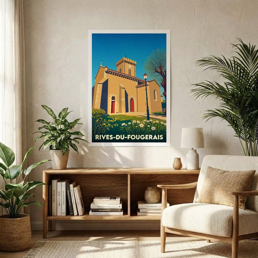 Affiche souvenir de la ville de Rives-du-Fougerais avec une illustration stylisée d'une église sous un ciel bleu.