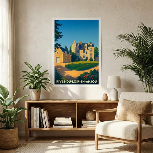 Affiche souvenir de la ville de Rives-du-Loir-en-Anjou avec une illustration stylisée d'un château.