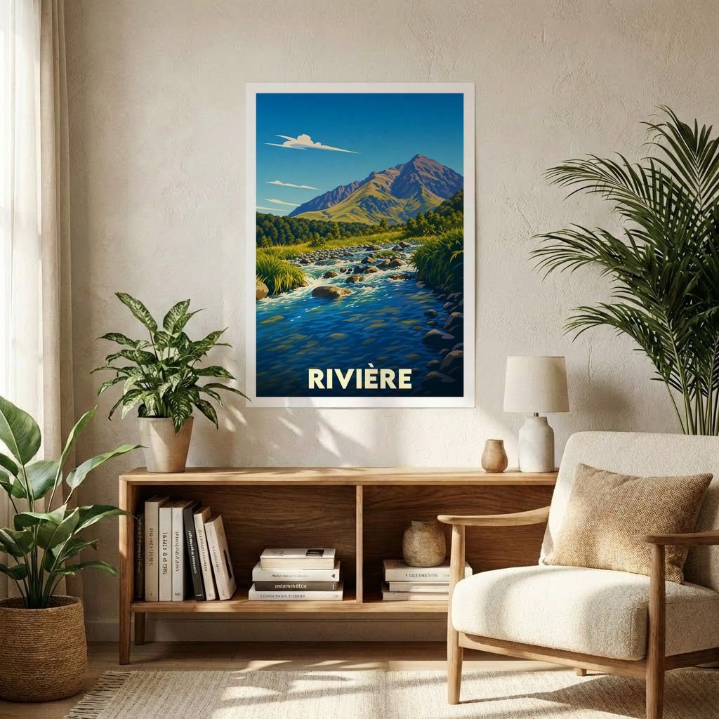Affiche souvenir de la ville de Rivière avec une illustration stylisée d'un paysage montagneux et d'un cours d'eau.