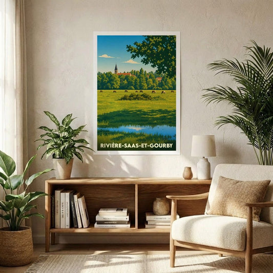 Affiche souvenir de la ville de Rivière-Saas-et-Gourby avec une illustration stylisée d'un paysage naturel.