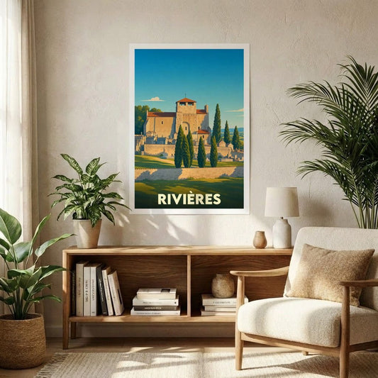 Affiche souvenir de la ville de Rivières avec une illustration stylisée d'un bâtiment historique et de cyprès.