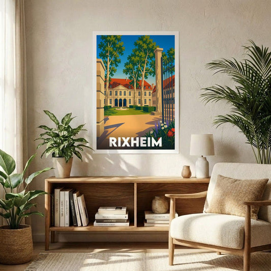 Affiche souvenir de la ville de Rixheim avec une illustration stylisée d'un bâtiment historique et d'un parc arboré.