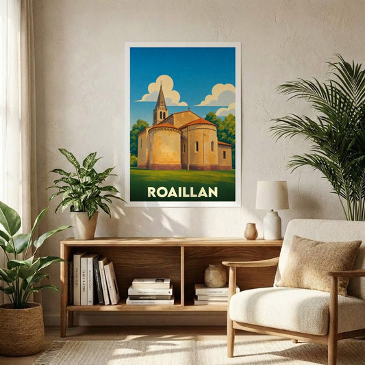Affiche souvenir de la ville de Roaillan représentant son église dans un style graphique rétro.
