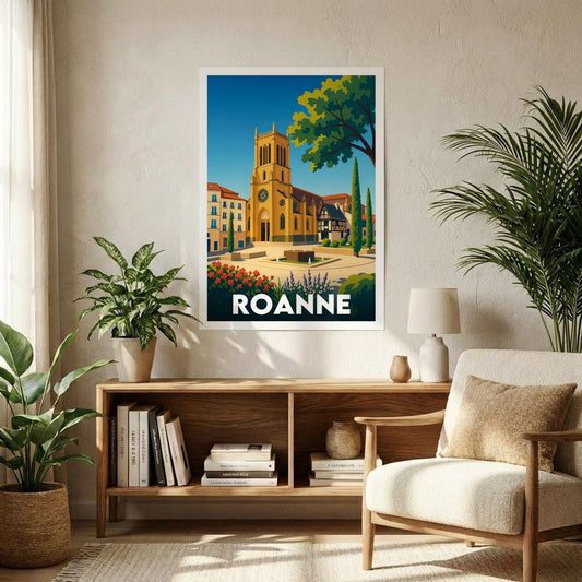 Affiche souvenir de la ville de Roanne avec une illustration graphique stylisée.