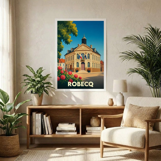Affiche souvenir de la ville de Robecq avec une illustration stylisée de son hôtel de ville.