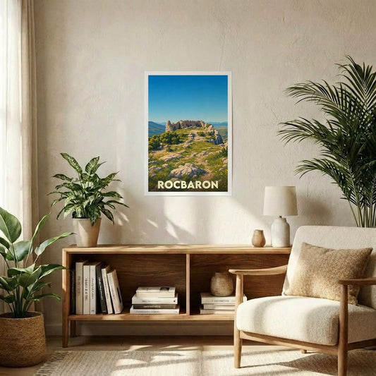 Affiche souvenir de la ville de Rocbaron représentant une illustration stylisée de ses ruines médiévales.