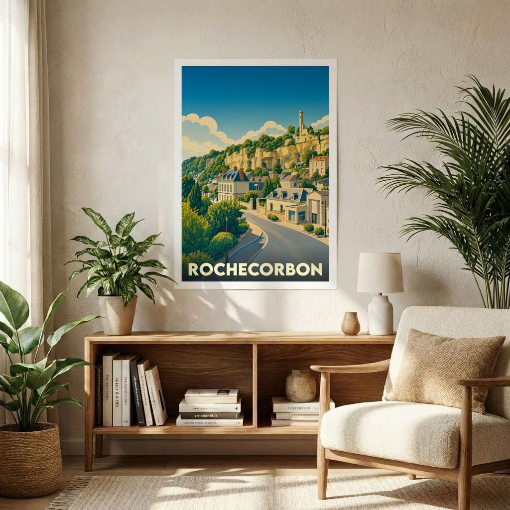 Affiche souvenir de la ville de Rochecorbon avec une illustration stylisée d'un paysage urbain pittoresque.