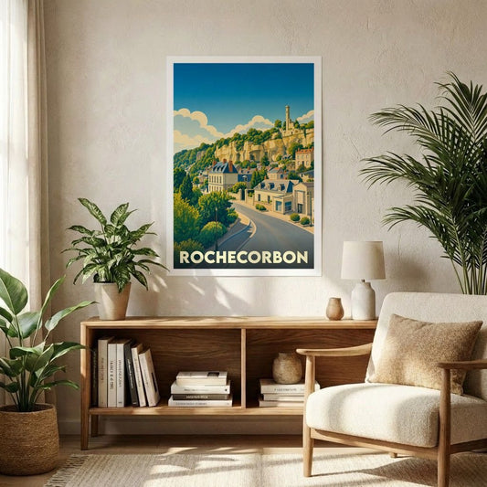 Affiche souvenir de la ville de Rochecorbon avec une illustration stylisée d'un paysage urbain pittoresque.