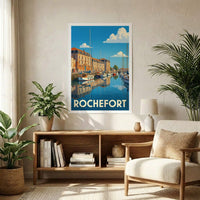 Affiche souvenir de la ville de Rochefort avec une illustration stylisée de son port et ses bateaux.
