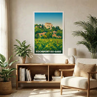 Affiche souvenir de la ville de Rochefort-du-Gard avec une illustration stylisée de son paysage provençal.