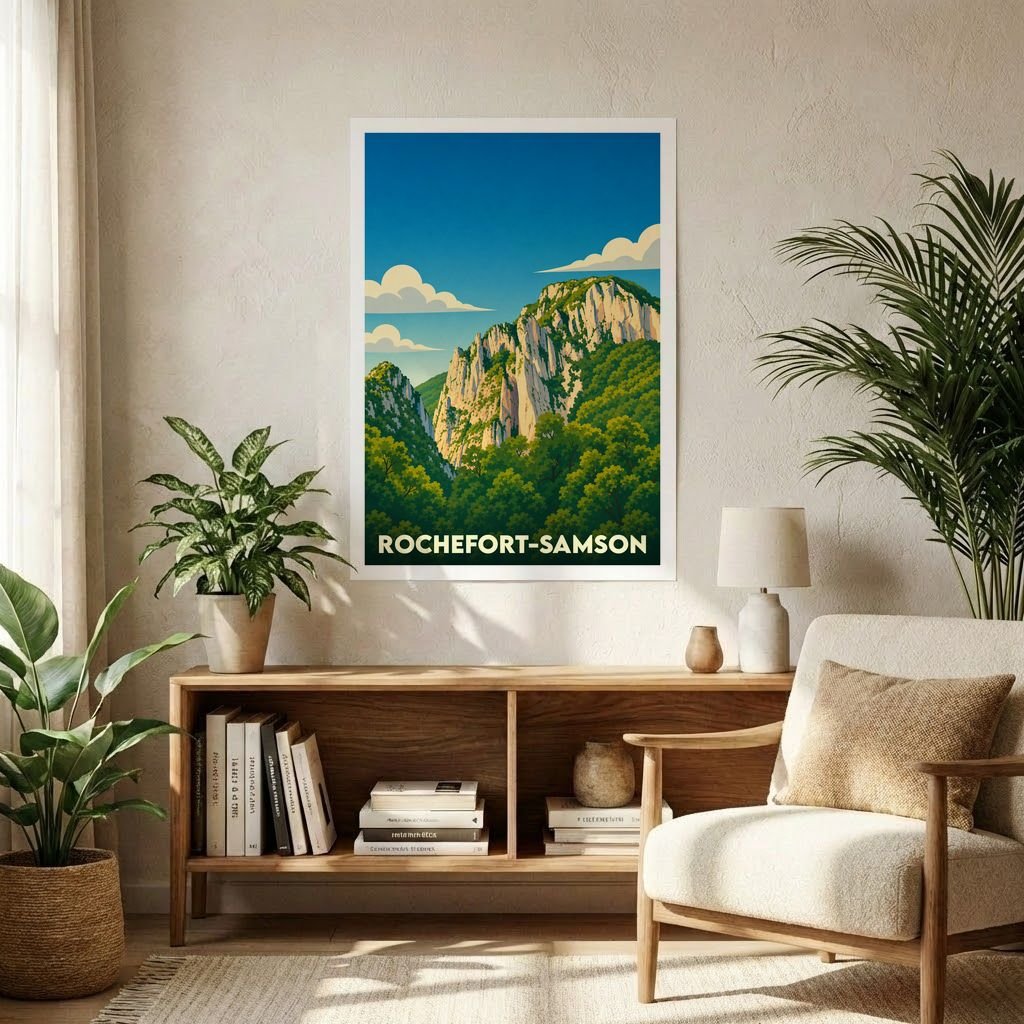 Affiche souvenir de la ville de Rochefort-Samson avec une illustration stylisée d'un paysage montagneux.