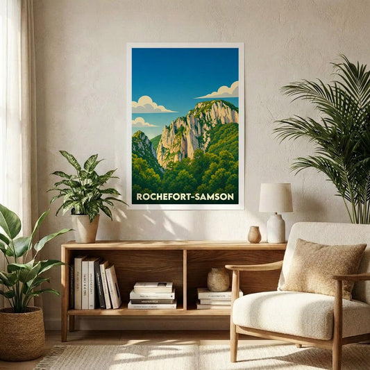 Affiche souvenir de la ville de Rochefort-Samson avec une illustration stylisée d'un paysage montagneux.