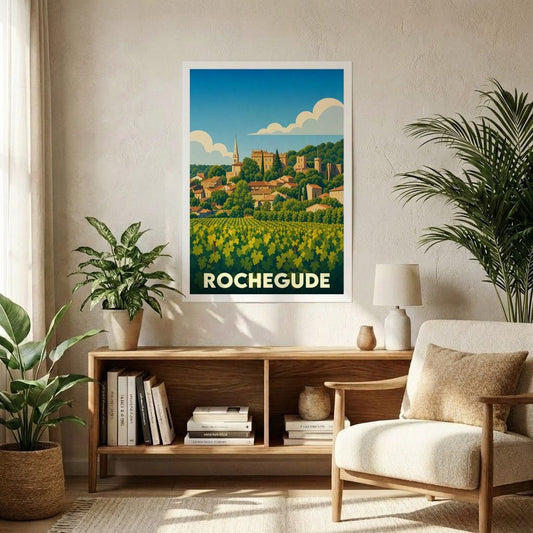 Affiche souvenir de la ville de Rochegude avec une illustration stylisée d'un vignoble et de son château.