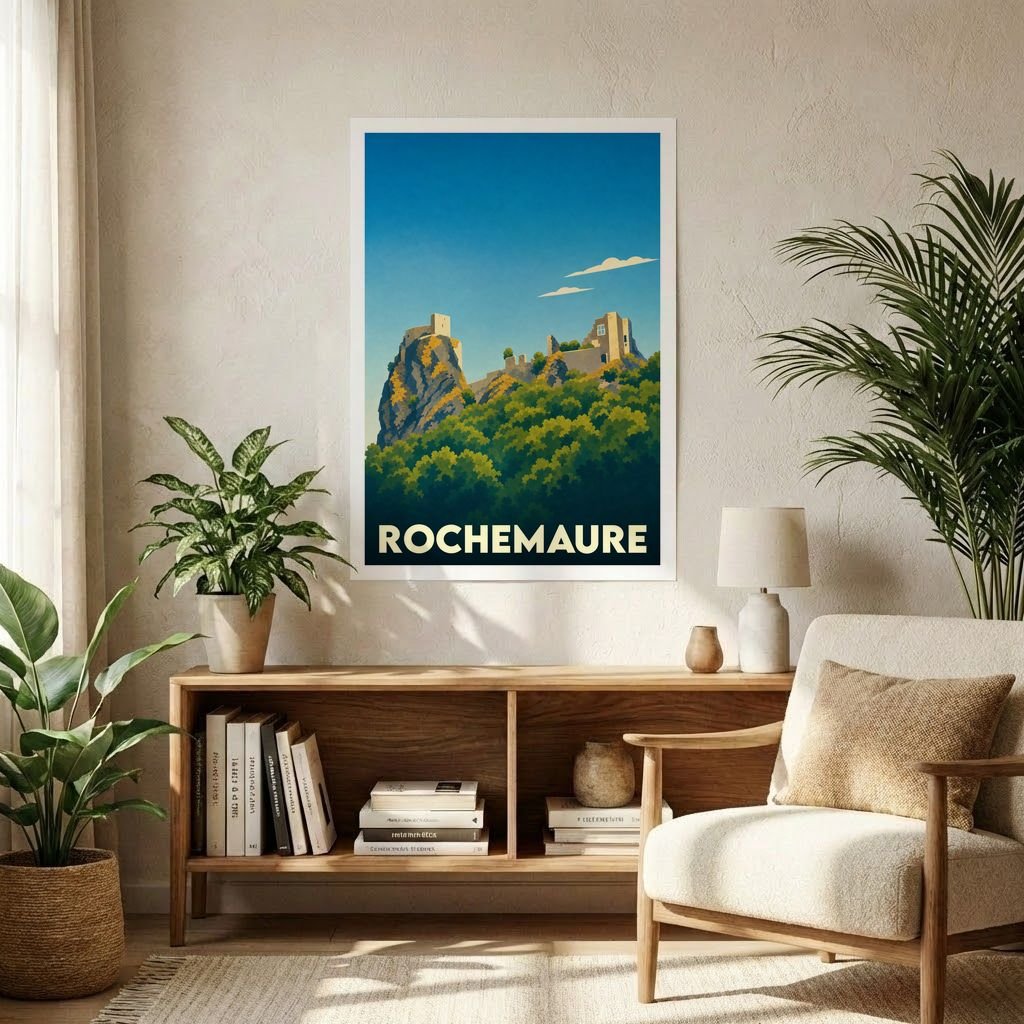 Affiche souvenir de la ville de Rochemaure avec une illustration stylisée d'un château médiéval sur un éperon rocheux.