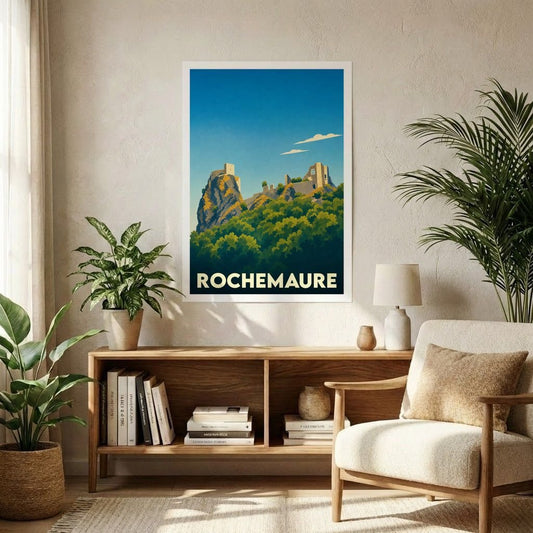Affiche souvenir de la ville de Rochemaure avec une illustration stylisée d'un château médiéval sur un éperon rocheux.