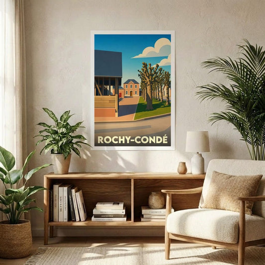 Affiche souvenir de la ville de Rochy-Condé avec une illustration stylisée.