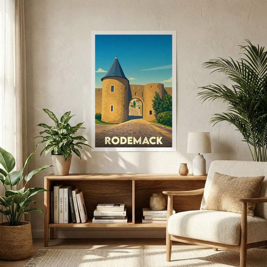 Affiche souvenir de la ville de Rodemack avec une illustration stylisée de ses remparts médiévaux.