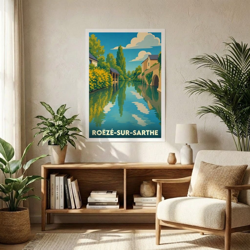 Affiche souvenir de la ville de Roëzé-sur-Sarthe avec une illustration stylisée d'un canal verdoyant.