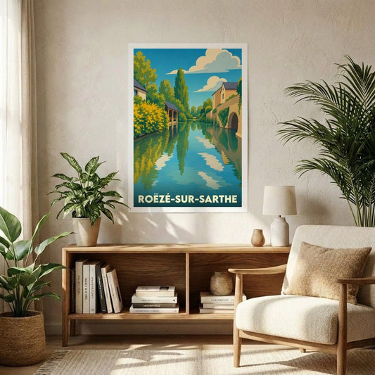 Affiche souvenir de la ville de Roëzé-sur-Sarthe avec une illustration stylisée d'un canal verdoyant.