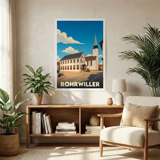 Affiche souvenir de la ville de Rohrwiller avec une illustration stylisée de son architecture.