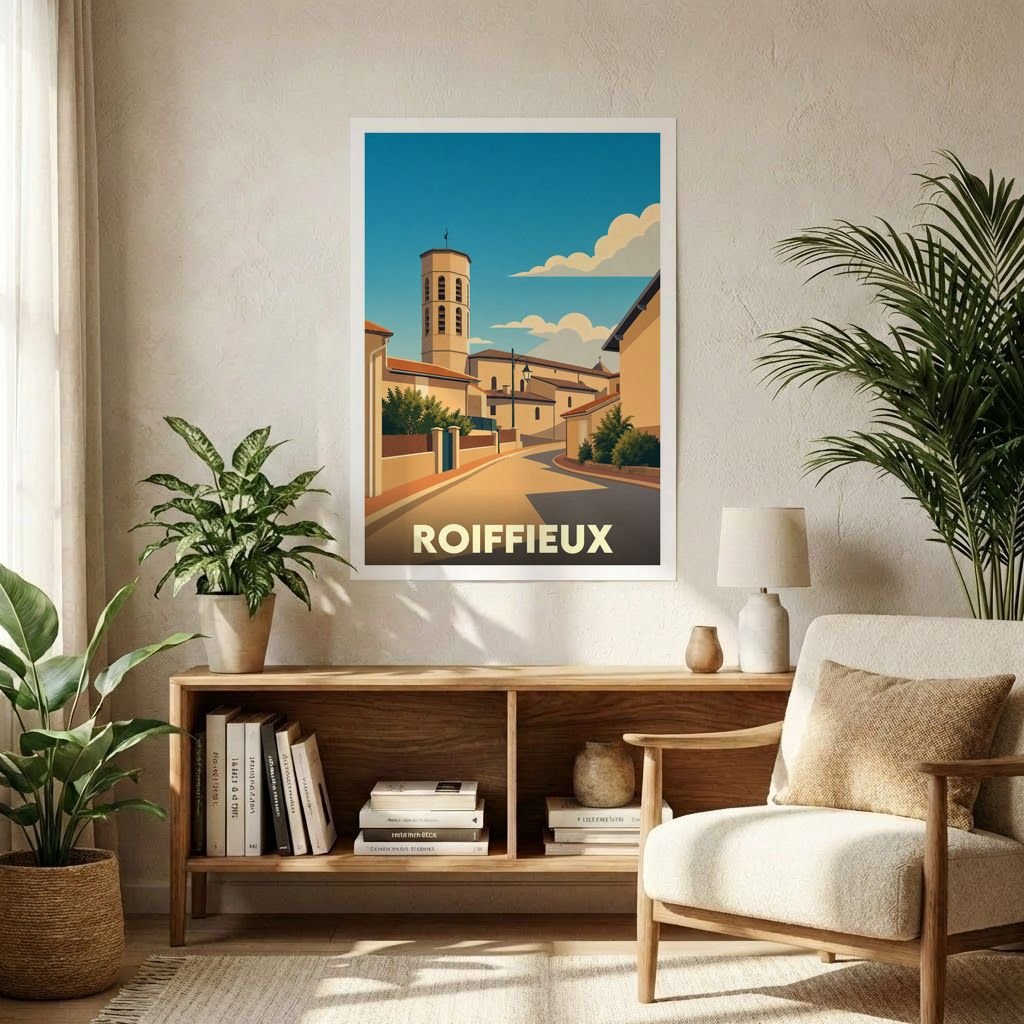 Affiche souvenir de la ville de Roiffieux avec une illustration stylisée.