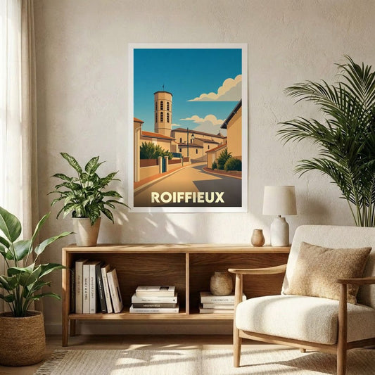 Affiche souvenir de la ville de Roiffieux avec une illustration stylisée.