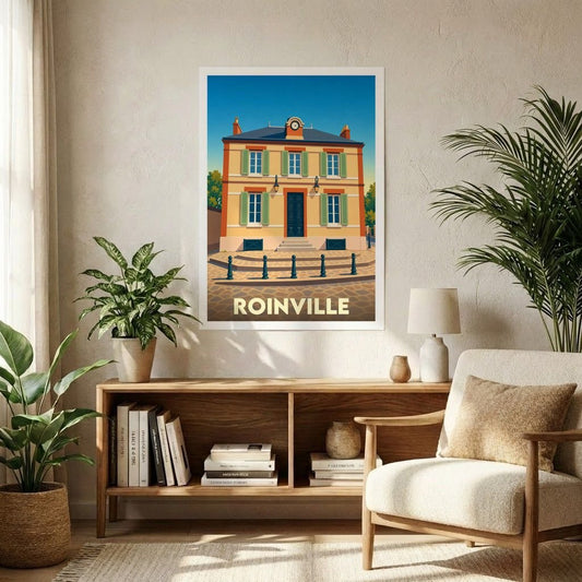 Affiche souvenir de la ville de Roinville avec une illustration stylisée de son hôtel de ville.